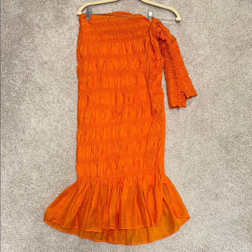 Hanifa Orange Maxi Trumpet Skirt with Ruched Ruffles